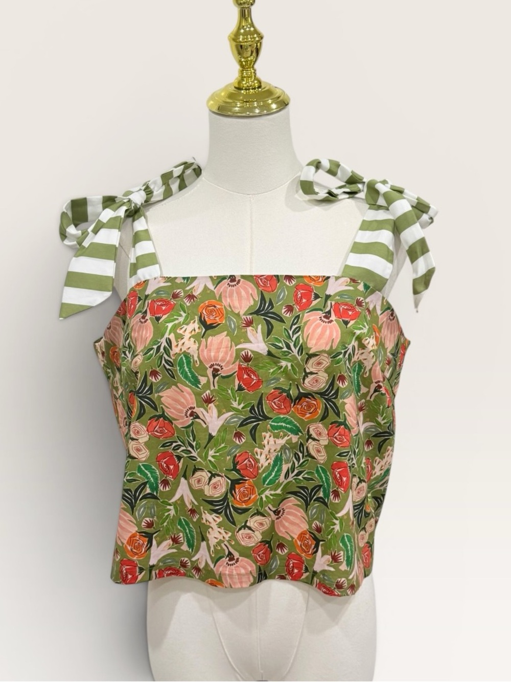 BURU X-Large Pillar Sleeveless Shoulder Tie Top Sage Green Floral/Stripe NWT